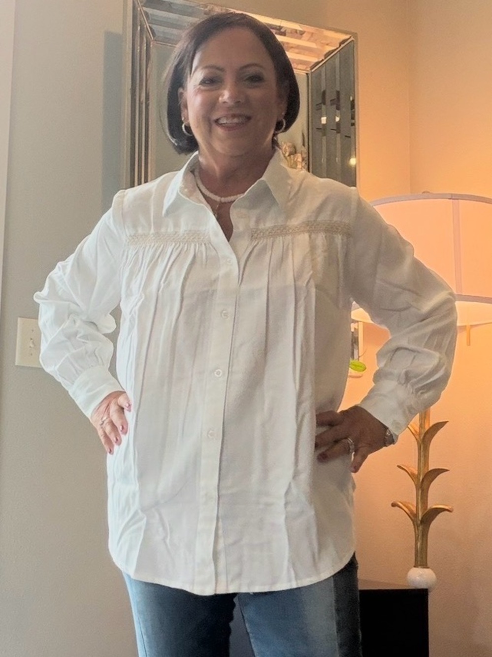 Elan White Pintuck Button-Down Blouse